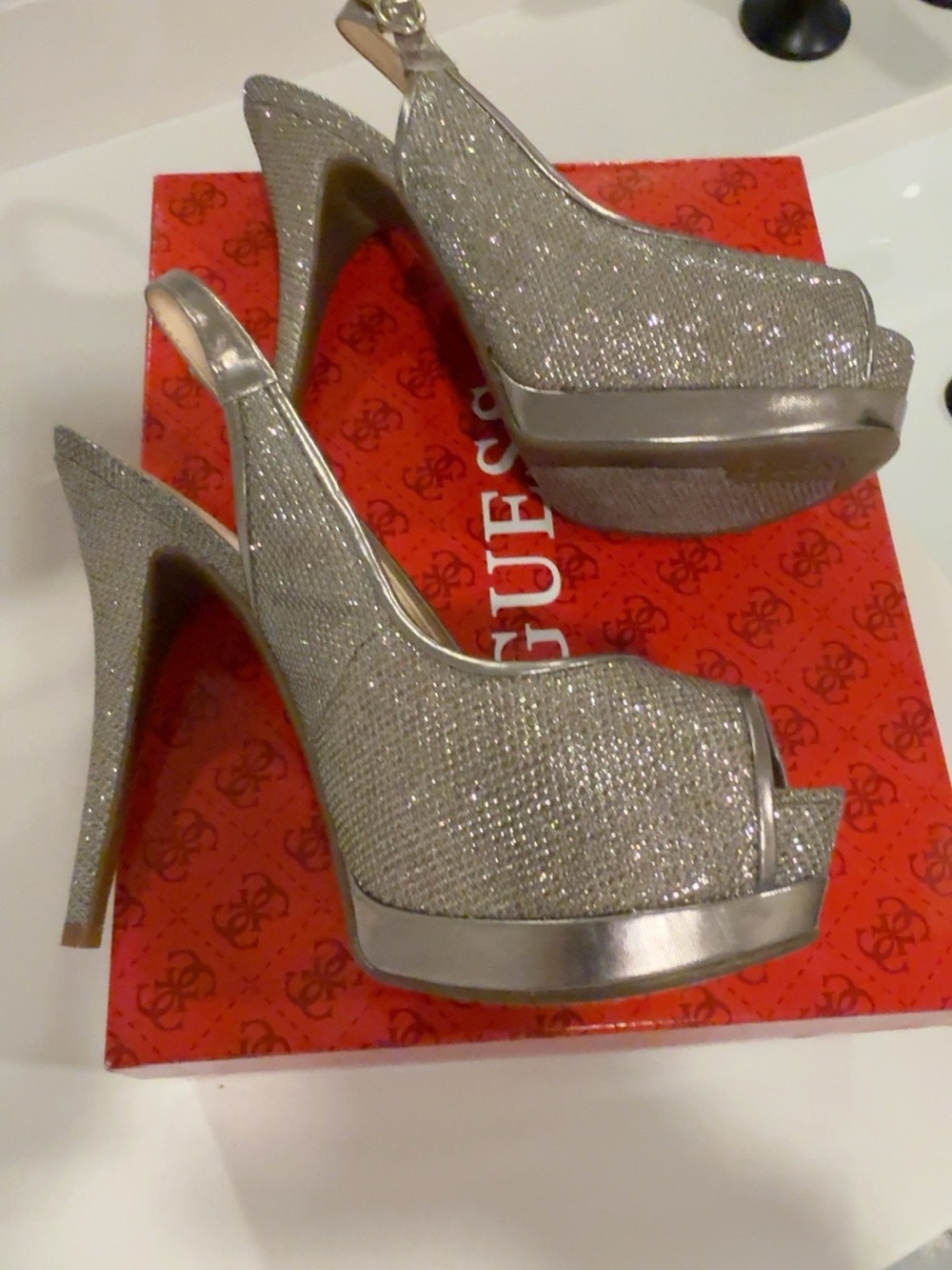Guess Silver Glitter Peep-Toe Slingback Platform Heels